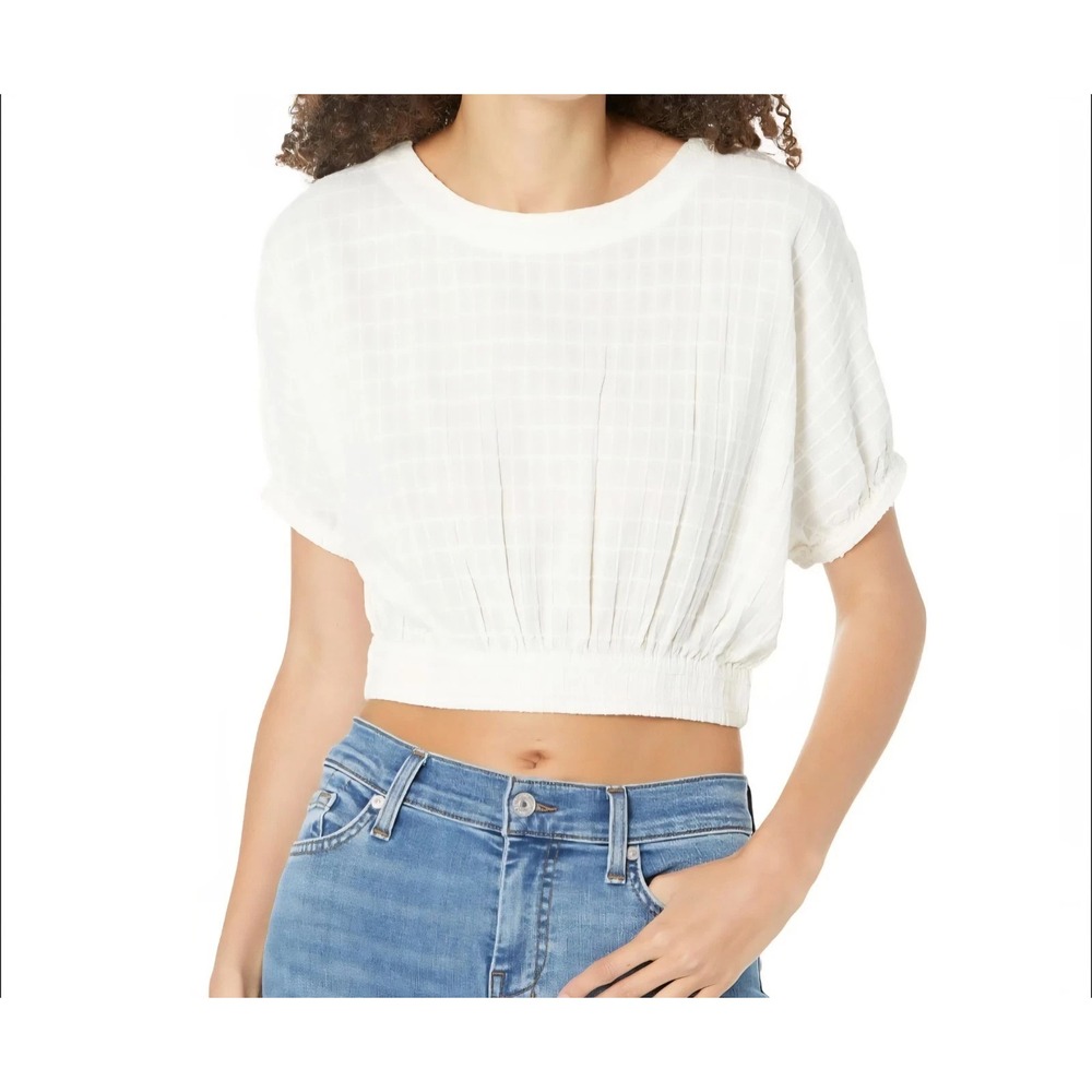 Faherty Ivory Short Sleeve Cala Windowpane Organic Cotton Top Womens XL cropped